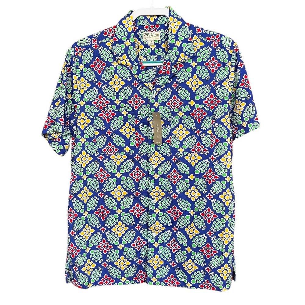 NWT J. Crew Blue Multicolor Slub Cotton Short Sleeve Collared Camp Shirt Size M - Picture 2 of 8